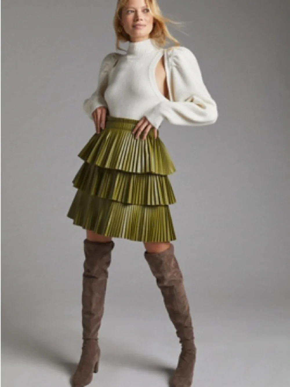 Anthropologie Olive Green Tiered Pleated Vegan Leather Mini Skirt - Picture 2 of 4